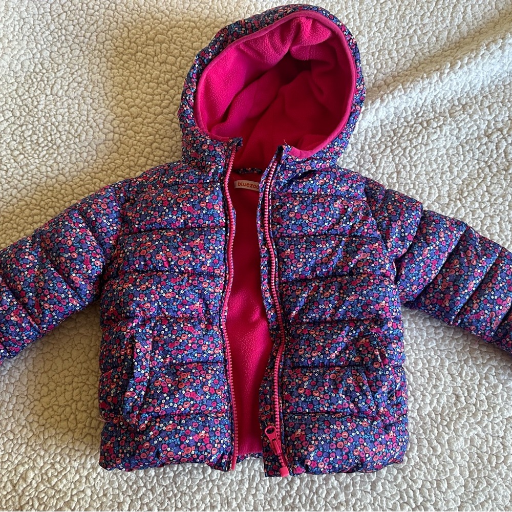 Bluezoo winter puffer jacket/coat, size:2-3,pink,purple,flowers, hood,pockets